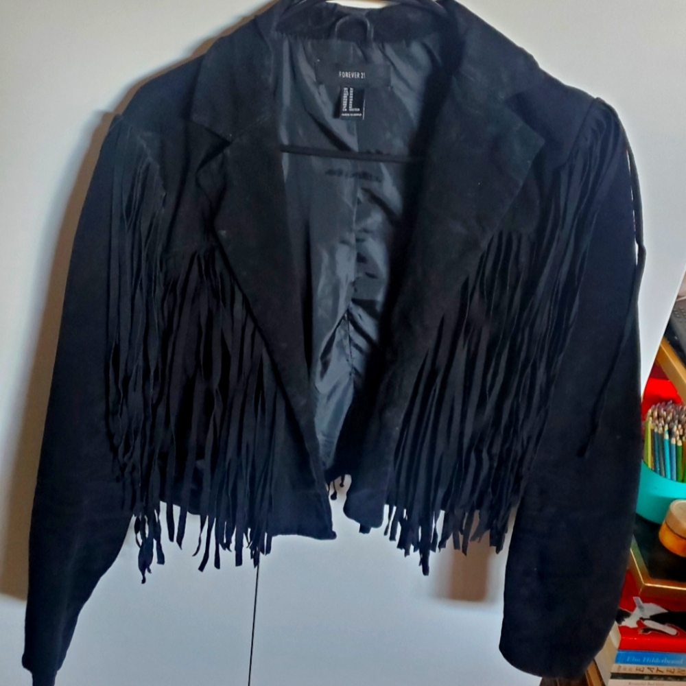 VINTAGE Forever 21 Real Suede 70's Style Biker Fringe Crop Jacket
